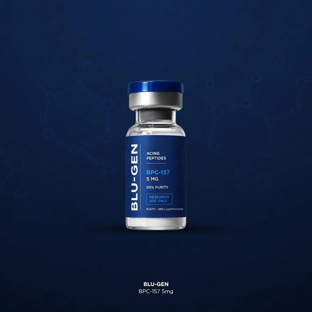 Research peptide vial with molecular structure overlay against dark background